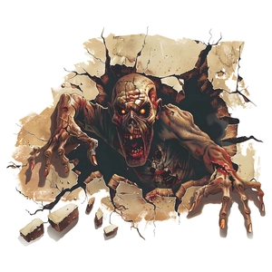Macro detail of a 3D zombie wall sticker with red eyes breaking through a wall