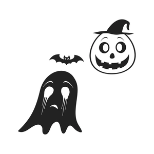 Halloween stickers featuring a ghost, pumpkin with wizard hat, and bat wall decals