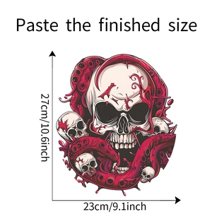 Detail showing spooky octopus skull wall sticker dimensions of 23cm by 27cm