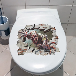 3D Halloween zombie toilet lid sticker featuring a scary undead figure breaking through wall