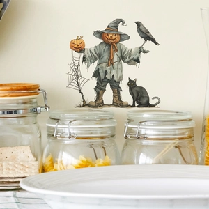 Sticker mural Halloween avec épouvantail citrouille et chat noir pour déco intérieure