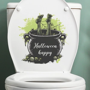 Halloween witch cauldron toilet sticker with zombie legs and green spooky eyes decoration