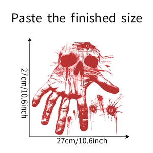 Detail view of bloody skull handprint sticker showing 27x27cm finished size dimensions