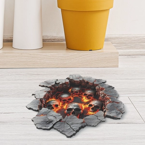 3D-Halloween-Bodenaufkleber mit realistischen Totenköpfen und Lava unter Holzbodenbelag