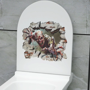 Detailed view of a 3D zombie wall sticker applied to a white toilet lid for Halloween