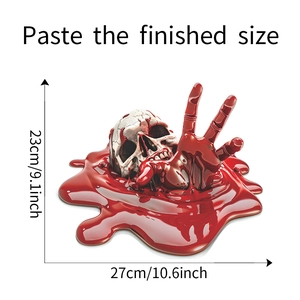Macro detail of Halloween 3D blood skull and bone hand sticker with size 27x23cm