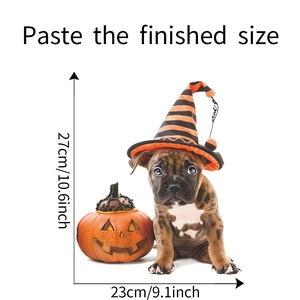 Detail showing a 23x27cm Halloween puppy with a wizard hat and pumpkin wall sticker