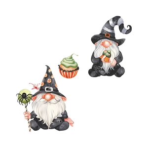 Halloween gnome wall stickers set with wizard hats spiders and watercolor cupcakes decor
