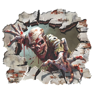 Macro shot of 3D zombie wall sticker showing detailed bloody texture and cracked wall effect