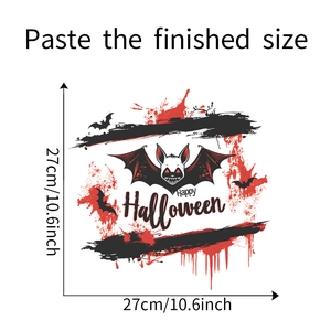 Detailed dimensions of 27cm Halloween bat toilet sticker with Happy Halloween greeting