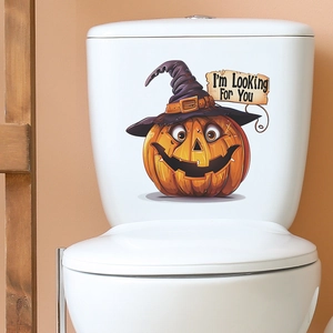 Halloween toilet lid sticker with spooky pumpkin in witch hat and eerie wooden sign decor