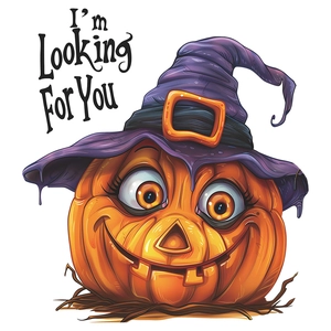 Halloween pumpkin sticker with witch hat and I'm Looking For You text on white background