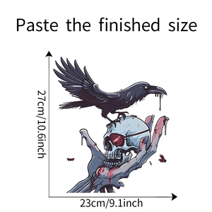 Detailed dimensions of gothic skull crow wall decal showing 27x23 cm application size