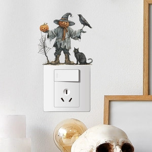 Sticker mural Halloween avec épouvantail citrouille et chat noir pour décoration murale