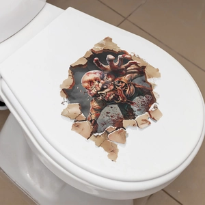 Macro shot of a 3D scary zombie bathroom sticker showing realistic wall cracks on a toilet