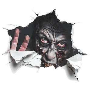 Vista dettagliata dell'adesivo 3D con testa di zombie horror che rompe la parete