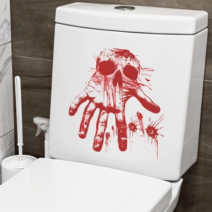 Halloween Scary Bloody Handprint Skull Toilet Sticker PVC Waterproof Removable Scary Bathroom Home Decor Wall Decal Horror Party Supplies
