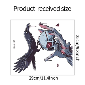 Detailed view of Raven and skeleton hand sticker with 29cm x 25cm size measurements