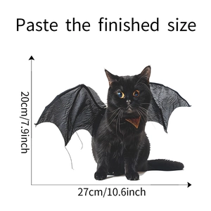 Close-up showing a 20x27cm black bat wing costume dimensions on a cat for Halloween