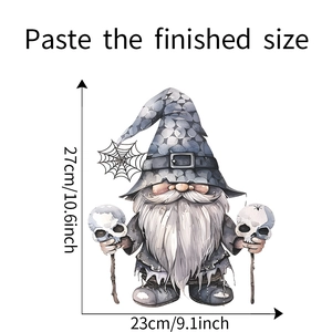 Detail of Halloween gnome sticker showing dimensions 27cm x 23cm with skull staff and hat
