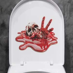 3D Halloween toilet sticker featuring a bloody skull and hand reaching from a red blood pool