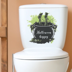 Halloween witch potion cauldron toilet sticker with spider webs and green slime design