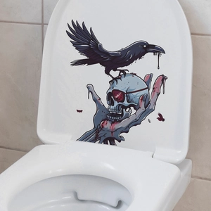 Halloween toilet seat sticker featuring a raven on a skull with red sunglasses