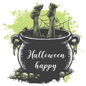 Halloween witch cauldron wall sticker with spooky green legs and pumpkin decor