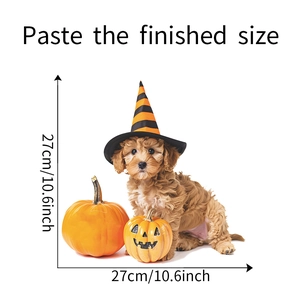 Detail showing the finished size of Halloween dog wall decal with wizard hat and pumpkin