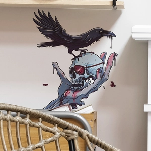 Gothic skull wall decal with crow and zombie hand decoration for Halloween home decor