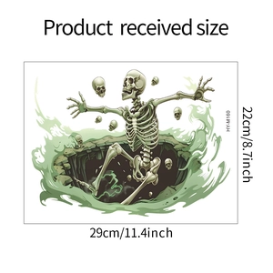 Detailed view of scary wall sticker dimensions 29x22cm featuring skeleton and green fire