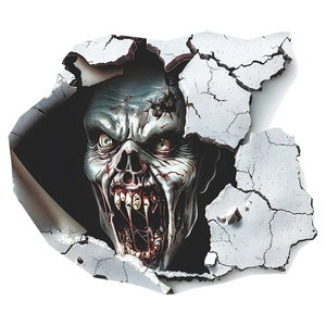 Dettaglio dell'adesivo 3D con testa di zombie spaventosa che rompe la parete
