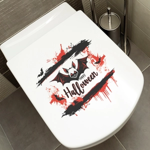 Halloween bloody bat toilet sticker with Happy Halloween text for bathroom decor