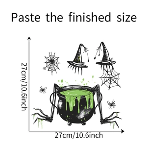 Detailed dimension guide for Halloween witch potion wall sticker showing 27cm size