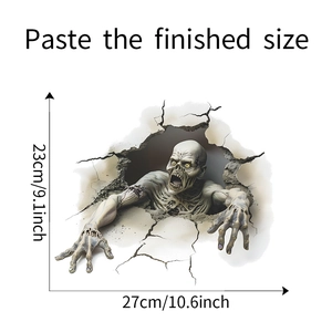 Detail view of 3D zombie wall sticker showing final size dimensions 27cm by 23cm