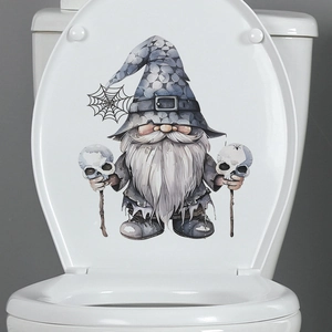 Halloween gnome wizard toilet seat sticker with skull staff and spider web hat