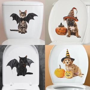 Halloween Creative Cat Dog Toilet Sticker PVC Waterproof Bat Wing Wizard Hat Pumpkin Decor Wall Decal Bathroom Home Ornament