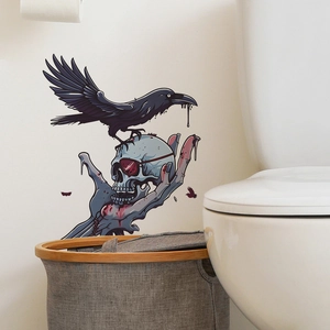 Halloween wall sticker with gothic raven skull and zombie hand decor for bathroom walls