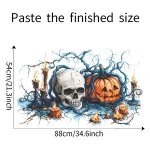 Detail of Halloween wall sticker set featuring skull, pumpkin and vine with dimensions