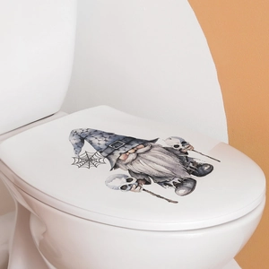 Halloween gnome wall sticker with skull and spider web on a white toilet cover