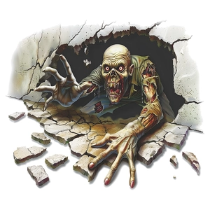 Macro detail of 3D zombie wall sticker breaking through wall for Halloween decor