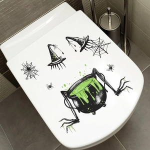 Halloween witch cauldron and spider toilet seat decals for festive home bathroom decoration