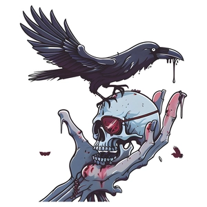 Gothic Halloween wall decal featuring a dark purple crow, skull with red glasses and zombie hand