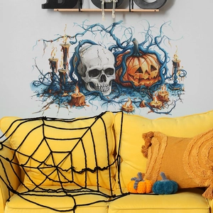 Halloween wall sticker with skeleton, pumpkin lantern and gothic blue vine decoration