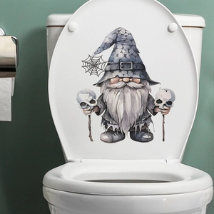 Halloween wizard gnome wall sticker for toilet lid decor with skull staff and fantasy design