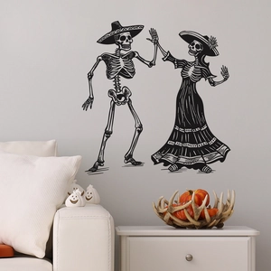 Sticker mural d'Halloween avec squelettes dansants en tenue mexicaine pour décoration intérieure
