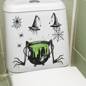 Halloween Witch Potion Cauldron Spider Web Toilet Sticker Waterproof PVC Removable Bathroom Decal Home Wall Decoration