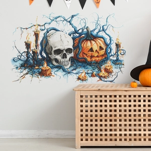 Halloween wall sticker with white skulls, orange pumpkins, and candles on a gray wall