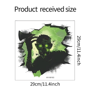 Macro view of 29cm zombie wall sticker with glowing green eyes and cracked wall effect