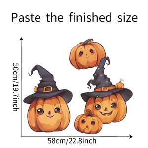 Detailed size chart for Halloween pumpkin wall stickers with witch hats on white background